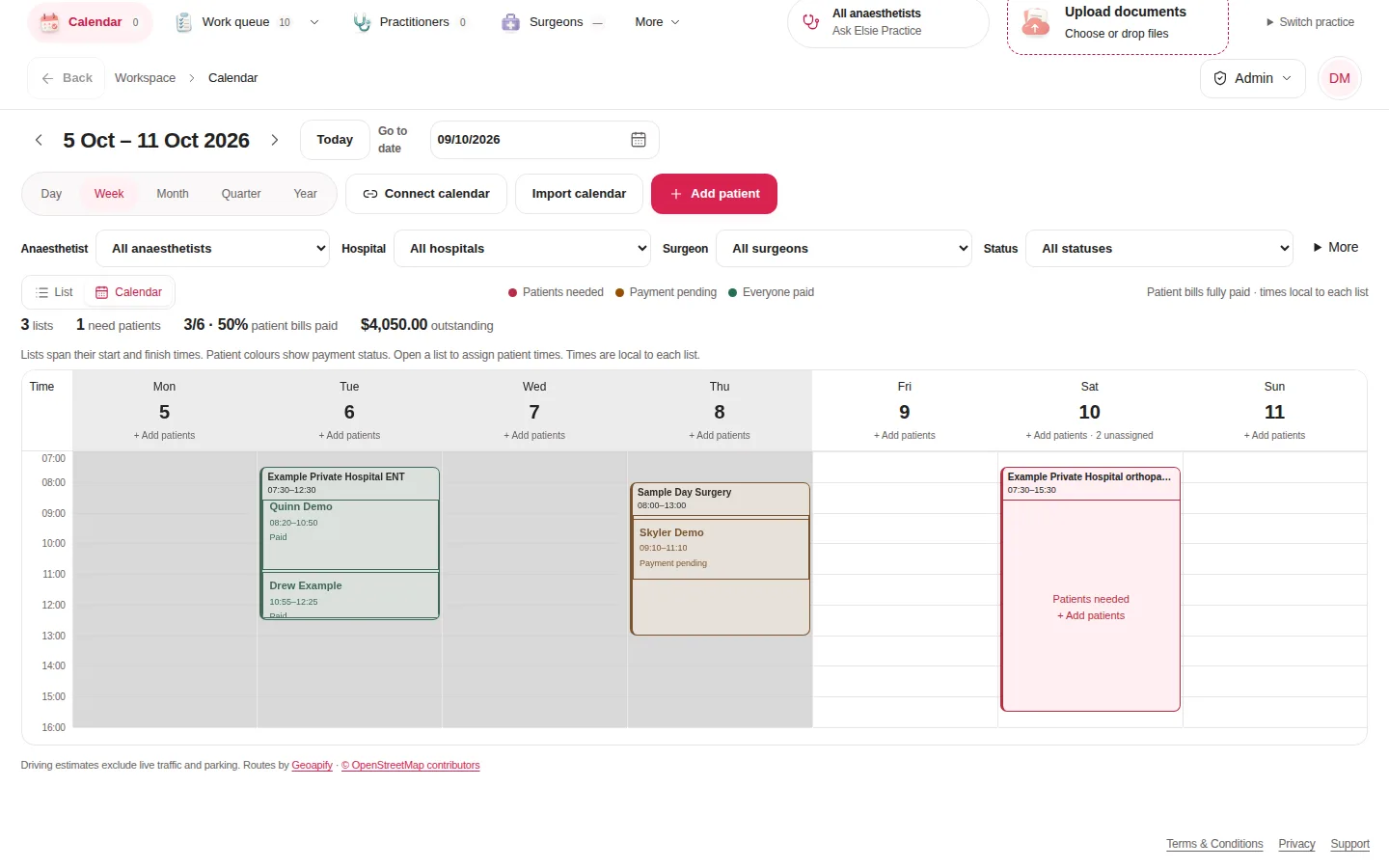 The theatre calendar week view with patients coloured by payment status
