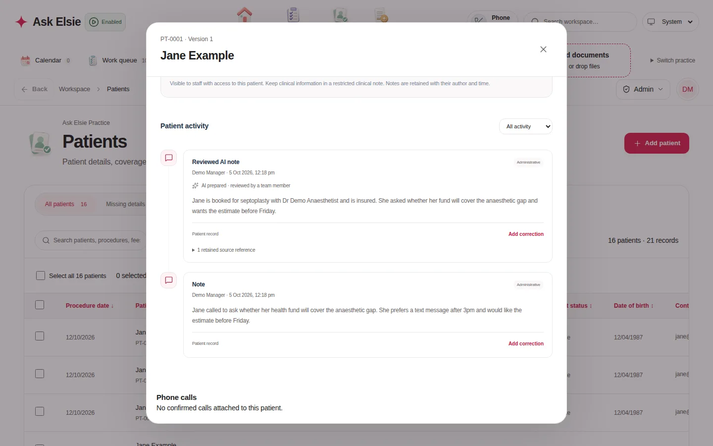 A patient record timeline with notes