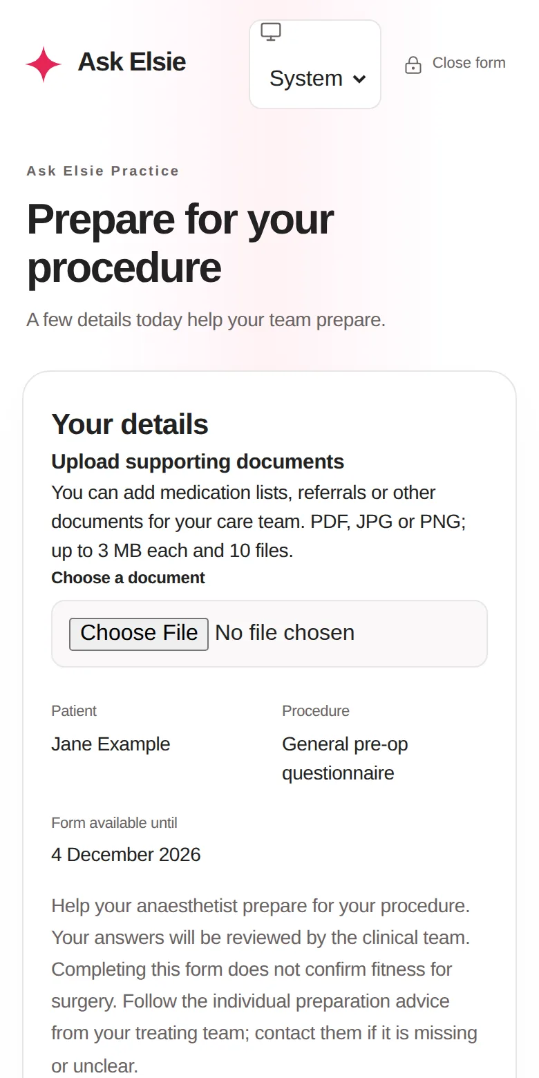 The pre-op preparation form a patient completes on their phone