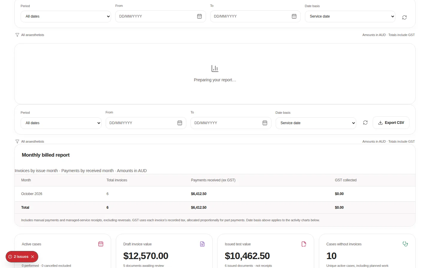 The reporting dashboard with case activity and fee composition